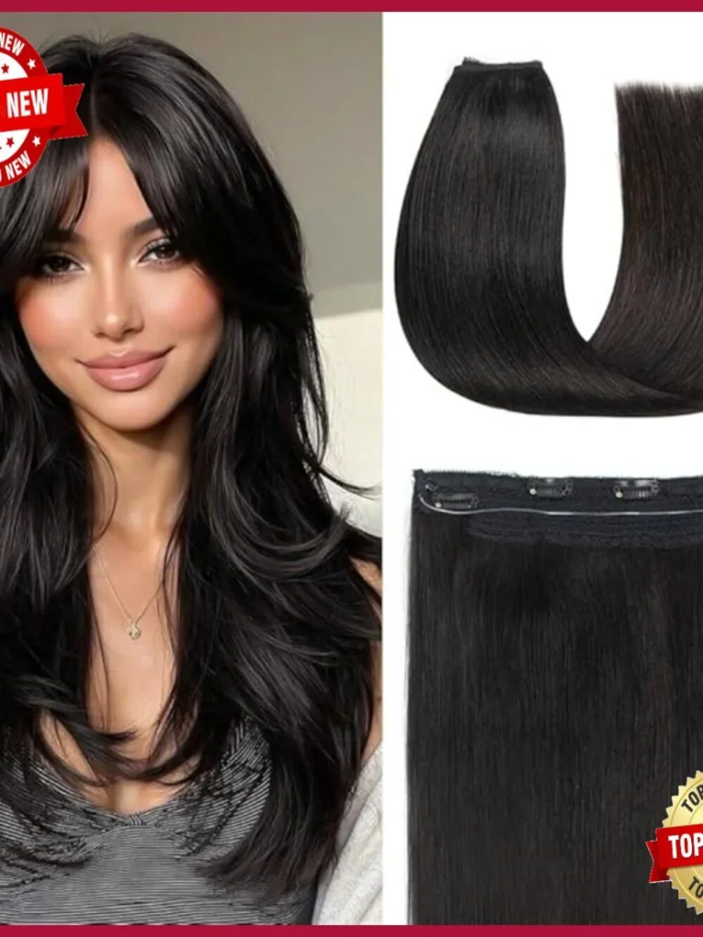 18in Real Human Hair Halo Extensions, Invisible Wire, 4 Clips, Adjustable